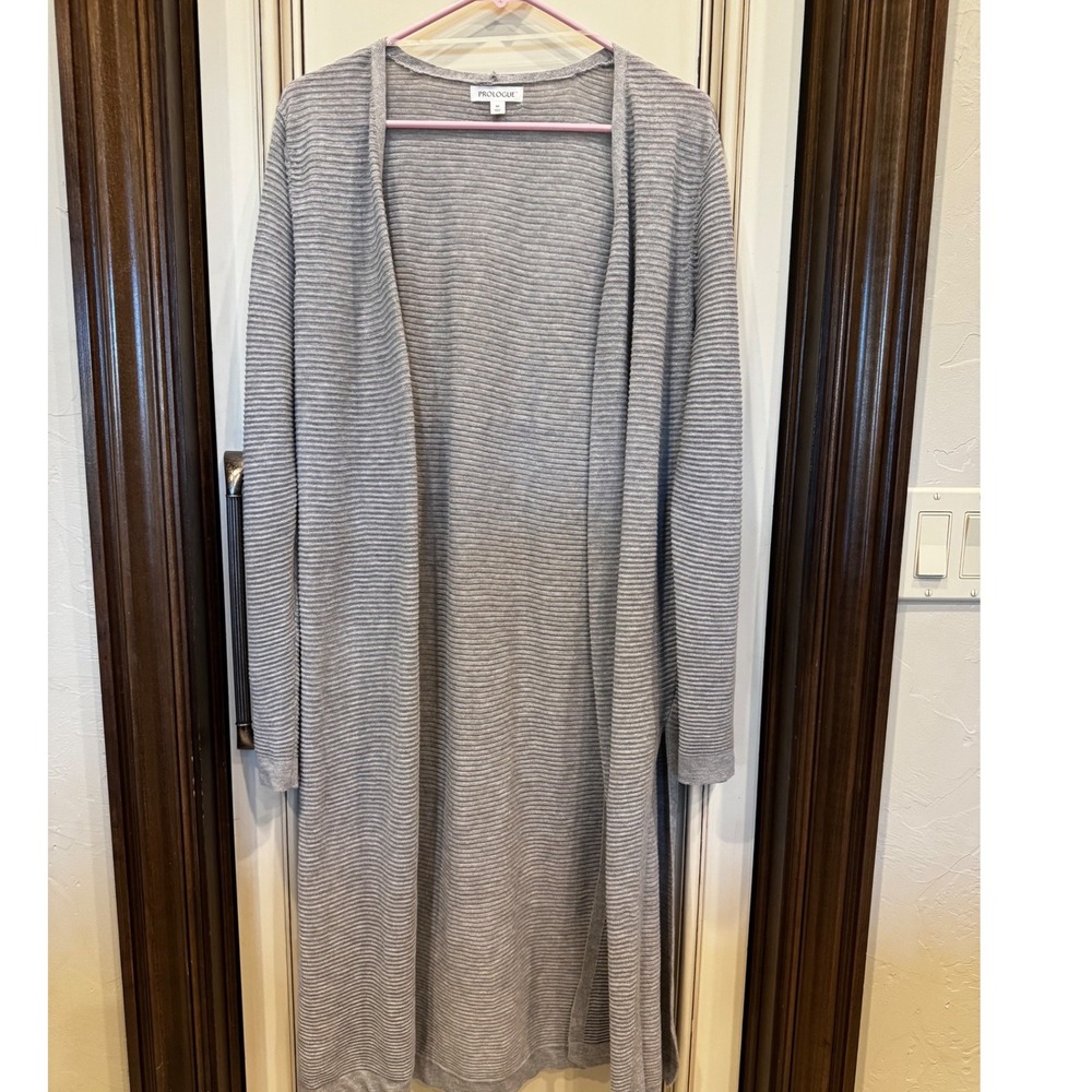 Prologue Womens Grey Ribbed Longline Duster Cardigan Sweater Size M Open Front